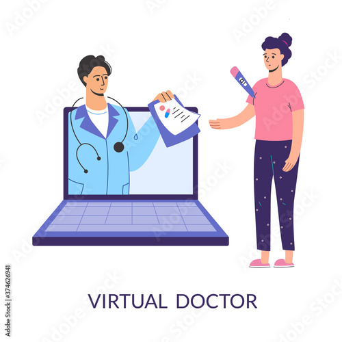 Virtual doctor. Get sick leave online using your laptop. Mobile consultation, competent medical assistance. Modern telemedicine,.cartoon character, vector.