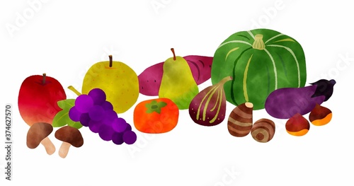 fruits watercolor vector　秋の果物野菜セット水彩.