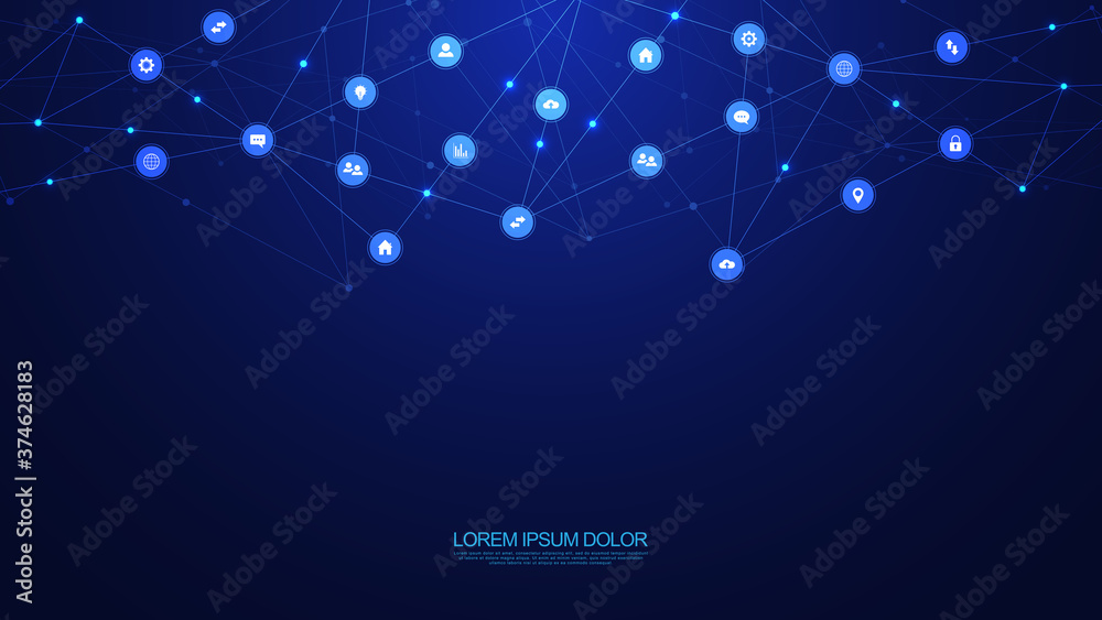 Fototapeta premium Information technology background with infographic elements and flat icons. Digital technology, network connection and communication concept. Vector illustration.