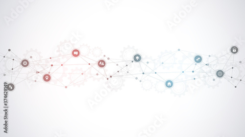 Information technology background with infographic elements and flat icons. Digital technology, network connection and communication concept. Vector illustration.