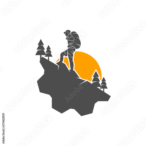 Climber with Gear logo design vector template. Outdoor activity logo symbol