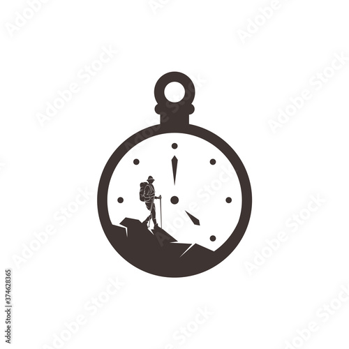 Climber with Clock logo design vector template. Outdoor activity logo symbol