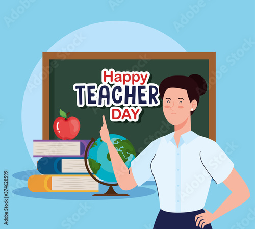 woman teacher with green board and books design, Happy teachers day celebration and education theme Vector illustration