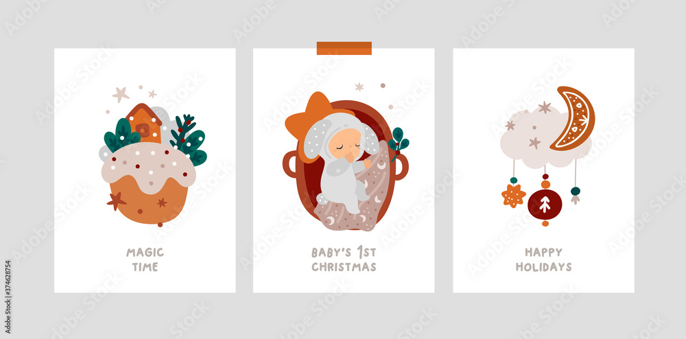 Baby first Christmas Holiday milestone cards in scandinavian doodle style. Festive xmas greeting cards vector template. Happy new year or Merry Christmas postcards, poster, banner, kids room decor