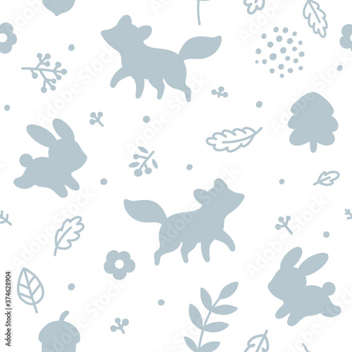 Seamless childish pattern with cute forest animals  bunny  fox  floral elements. Children background in scandinavian style. Kids texture for print  textile  wallpaper  apparel  fabric  wrapping