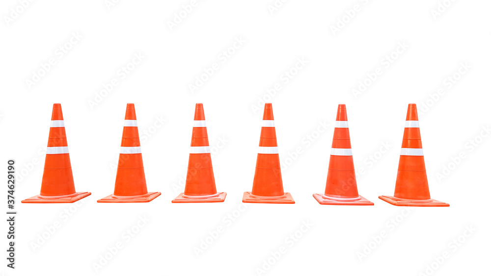 Orange plastic cone with reflective stripes isolated on white background