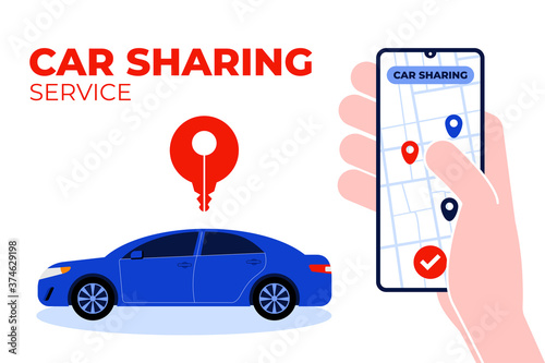 Order carsharing online using your mobile smartphone app. The hand holds the smartphone. Nearby there is a car with a geotag-key