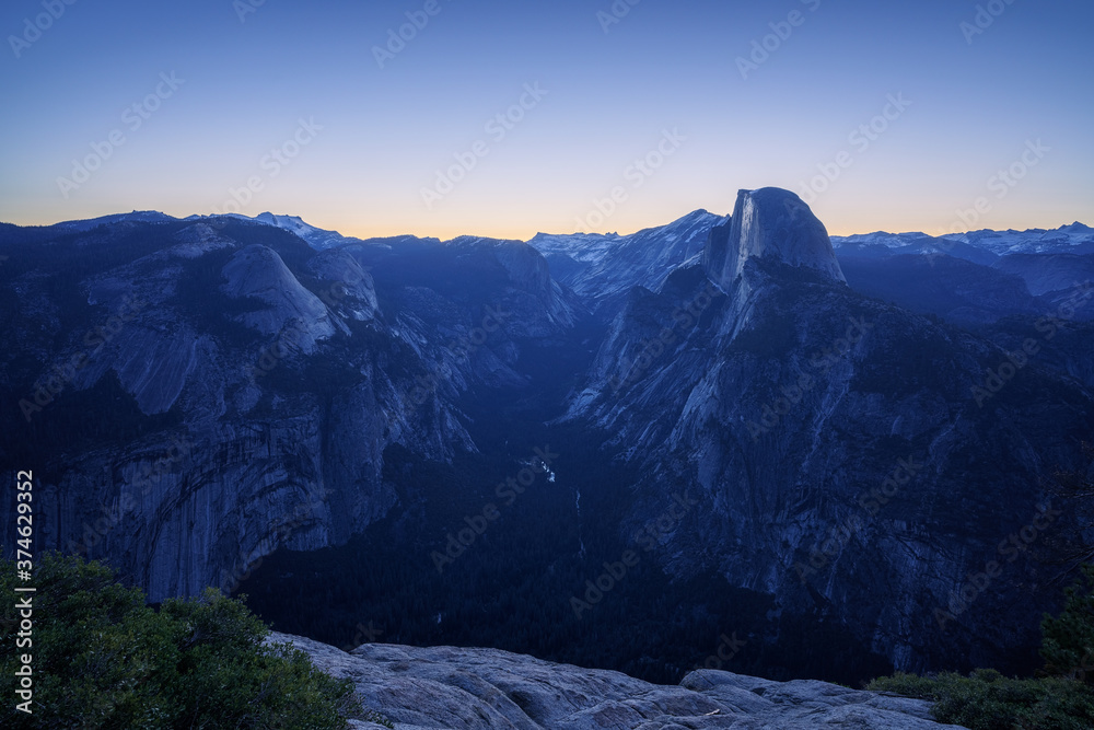 half dome from glacier point in yosemite national park at sunrise
