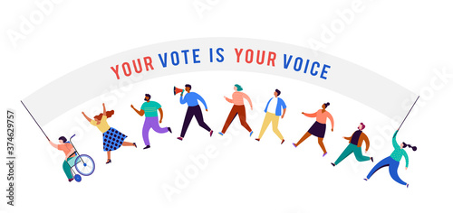 Group of people, walking with flags to elections. Crowd of women and men at a demonstration. Concept for election campaign, voting theme vector background. 