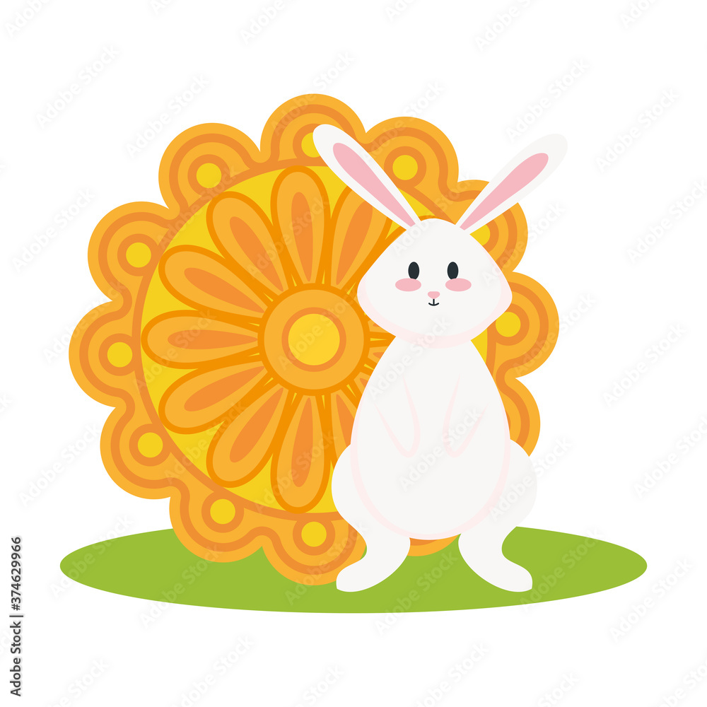 Fototapeta premium rabbit with mooncake design, Happy mid autumn harvest festival oriental chinese and celebration theme Vector illustration
