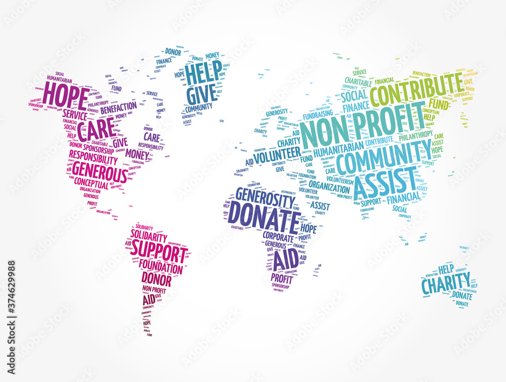 Fototapeta premium Non Profit word cloud in shape of world map, social concept background