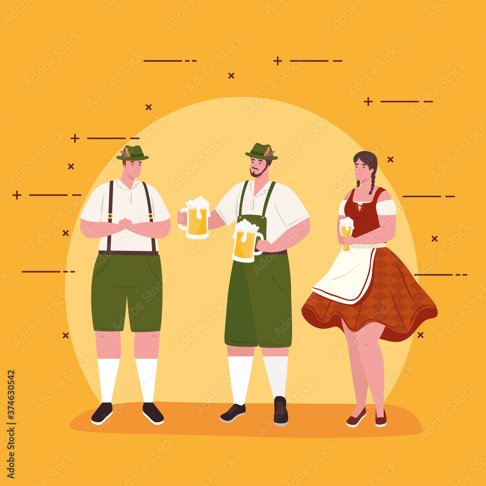 men and woman cartoons with traditional cloth and beer design, Oktoberfest germany festival and celebration theme Vector illustration