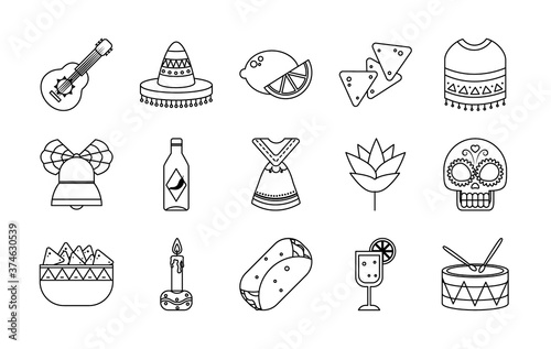 icon set of mexican and sugar skull, line style