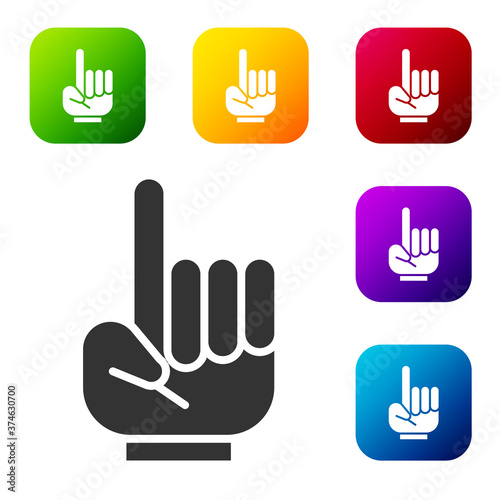 Black Number 1 one fan hand glove with finger raised icon isolated on white background. Symbol of team support in competitions. Set icons in color square buttons. Vector Illustration.