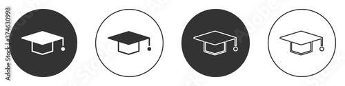 Black Graduation cap icon isolated on white background. Graduation hat with tassel icon. Circle button. Vector Illustration.