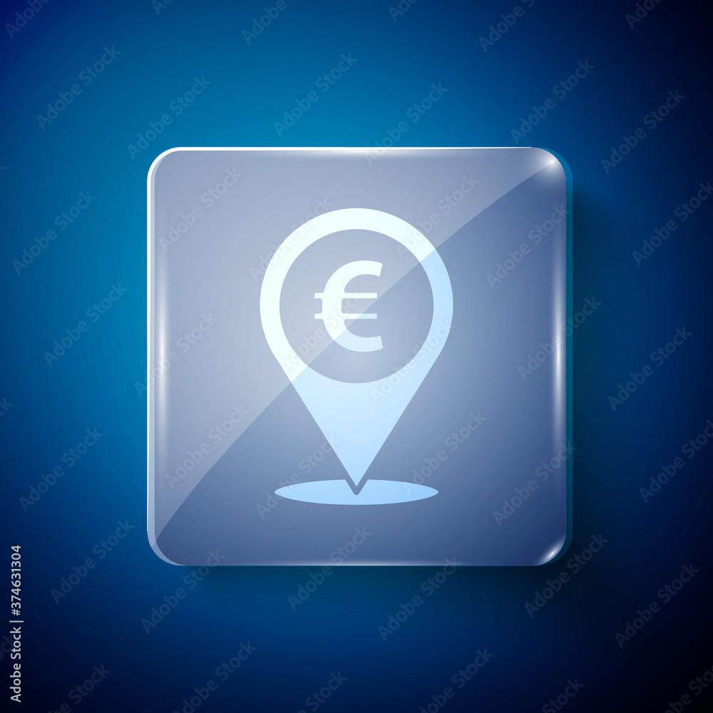 White Cash location pin icon isolated on blue background. Pointer and euro symbol. Money location. Business and investment concept. Square glass panels. Vector Illustration.