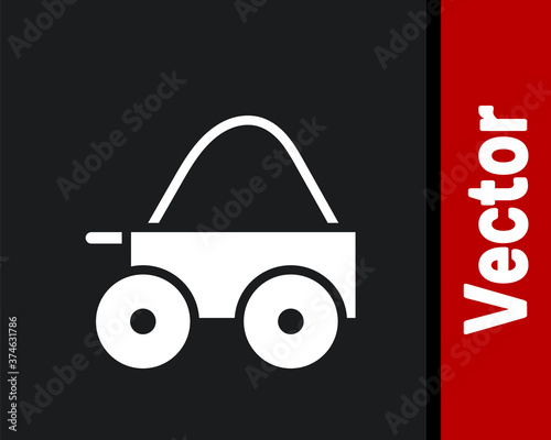 White Wooden four-wheel cart with hay icon isolated on black background. Vector.