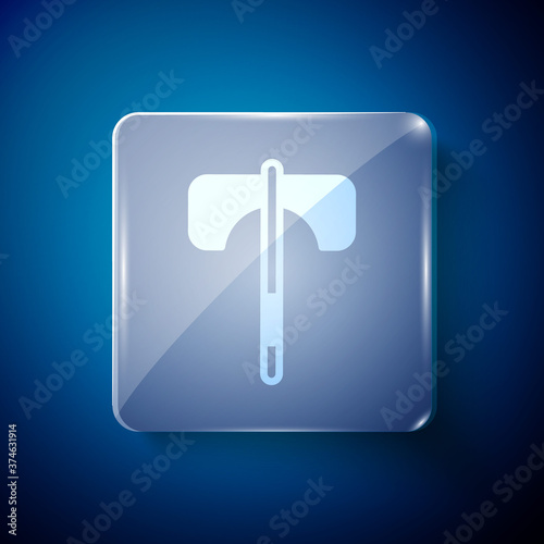 White Medieval axe icon isolated on blue background. Battle axe, executioner axe. Medieval weapon. Square glass panels. Vector.
