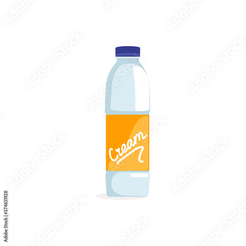 Plastic milk bottle. Dairy beverage packaging with screw cap. Natural fresh healthy product packaging template design flat vector illustration isolated on white background