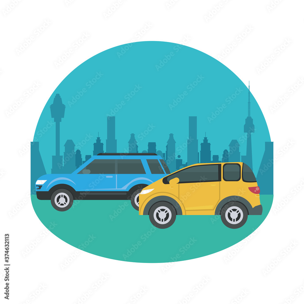 blue and yellow cars in front of city buildings vector design