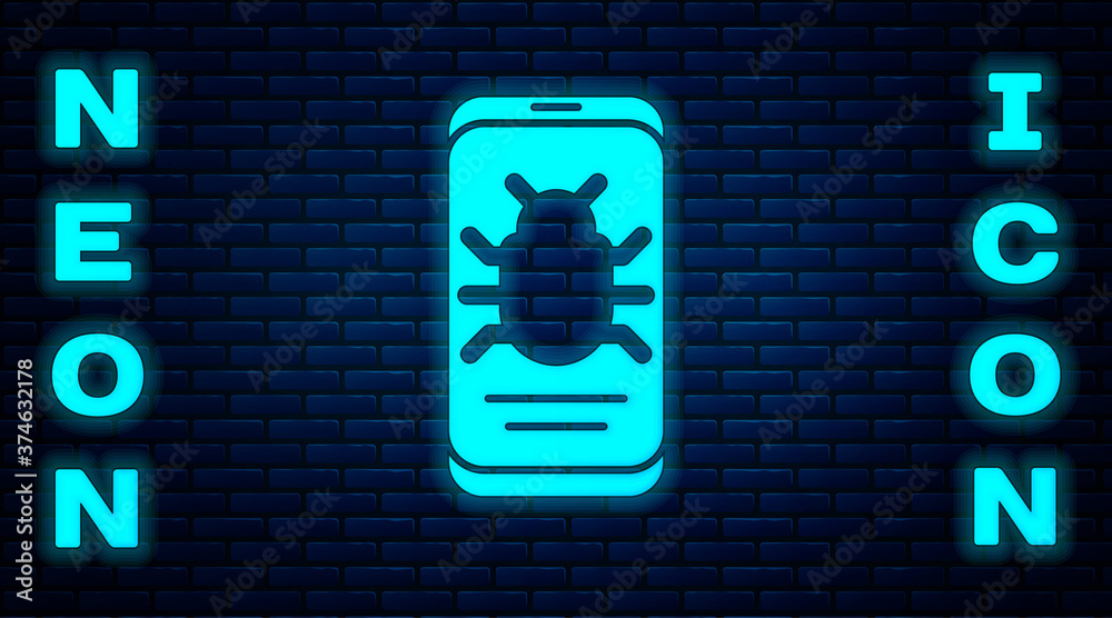 Glowing neon System bug on mobile icon isolated on brick wall background. Code bug concept. Bug in the system. Bug searching. Vector. Glowing neon System bug on mobile icon isolated on brick wall background. Code bug concept. Bug in the system. Bug searching. Vector.