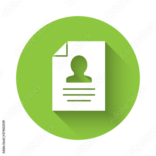 White Resume icon isolated with long shadow. CV application. Searching professional staff. Analyzing personnel resume. Green circle button. Vector.