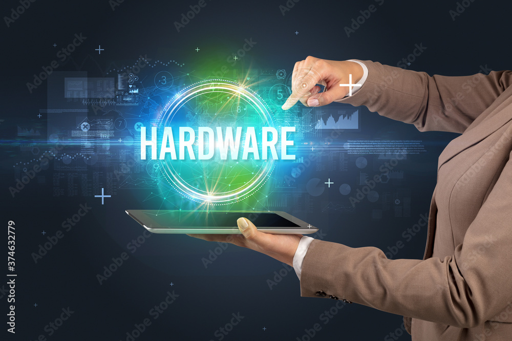 Close-up of a touchscreen with HARDWARE inscription, new technology concept Close-up of a touchscreen with HARDWARE inscription, new technology concept