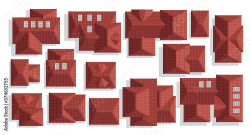 Tiled roof of houses. Top view. Cityscape map or plan design collection.