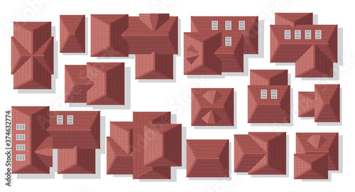 Tiled roof of houses. Top view. Cityscape map or plan design collection.