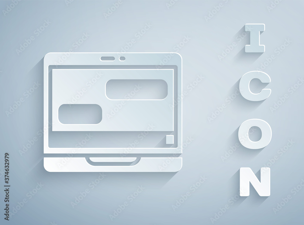 Paper cut New chat messages notification on laptop icon isolated on grey background. Smartphone chatting sms messages speech bubbles. Paper art style. Vector. Paper cut New chat messages notification on laptop icon isolated on grey background. Smartphone chatting sms messages speech bubbles. Paper art style. Vector.