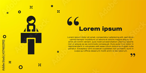 Black Stage stand or debate podium rostrum icon isolated on yellow background. Conference speech tribune. Vector.