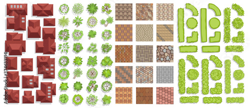 Set of landscape elements. Houses, architectural elements, plants. Top view. Trees, tile roof, pavement, green fence. View from above. 