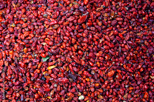 Small hot red chilli peppers at the market, Antigua Guatemala