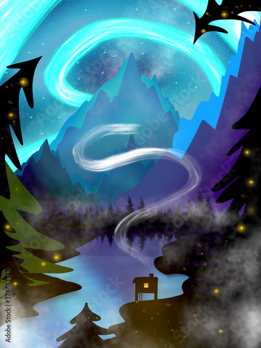 Mountain landscape with Aurora northern borealis, lake, cosiness house and forest silhouette. Lanscape mountain view with aurora borealis abstract background illustration