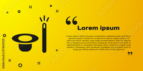 Black Magic hat and wand icon isolated on yellow background. Magic trick. Mystery entertainment concept. Vector.