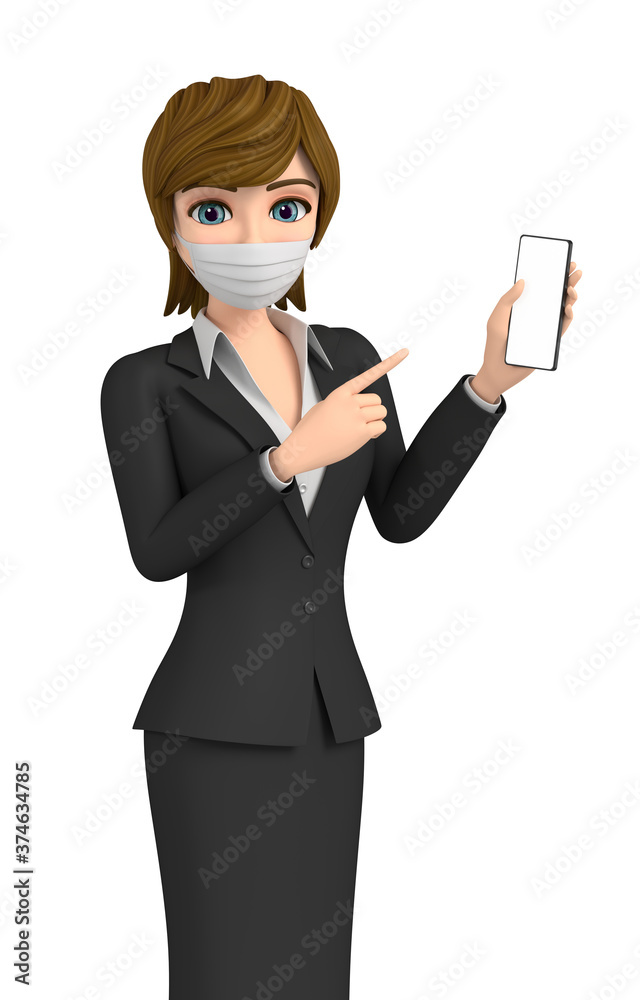 3D illustration character - A woman wearing a mask is operating a smartphone