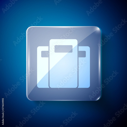 White Police assault shield icon isolated on blue background. Square glass panels. Vector.