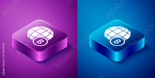 Isometric Globe and cryptocurrency coin Bitcoin icon isolated on blue and purple background. Physical bit coin. Blockchain based secure crypto currency. Square button. Vector.