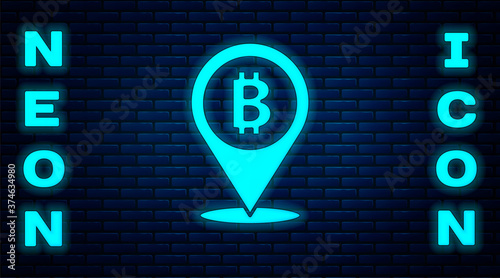 Glowing neon Location bitcoin icon isolated on brick wall background. Physical bit coin. Blockchain based secure crypto currency. Vector.