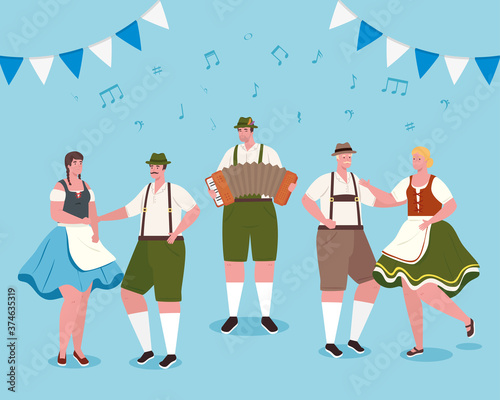 men and women cartoons with traditional cloth dancing design, Oktoberfest germany festival and celebration theme Vector illustration
