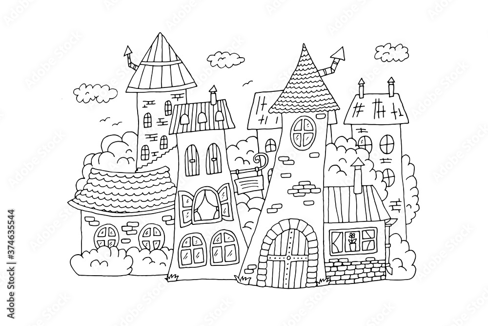 A fabulous city with different houses. Coloring. Black and white outline. Doodle vector illustration, hand drawn