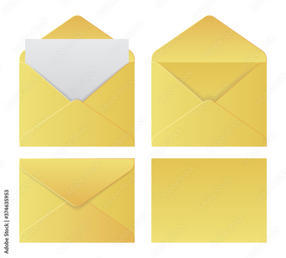 Set of yellow vector envelopes in different views, isolated on white background. Realistic brown vector envelope mockups. Set of yellow vector envelopes in different views, isolated on white background. Realistic brown vector envelope mockups.