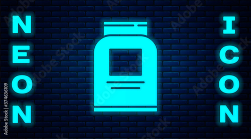 Glowing neon Sports nutrition bodybuilding proteine power drink and food icon isolated on brick wall background. Vector.