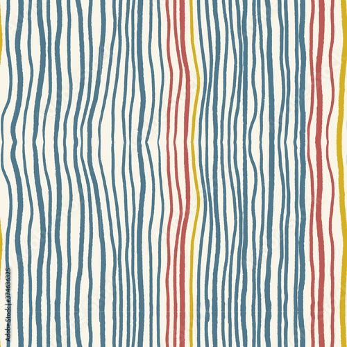 Vintage indigo blue and red distorted wave vertical line strip pattern seamless on light cream background.