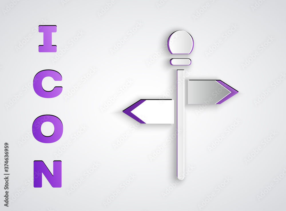Paper cut Road traffic sign. Signpost icon isolated on grey background. Pointer symbol. Street information sign. Direction sign. Paper art style. Vector. Paper cut Road traffic sign. Signpost icon isolated on grey background. Pointer symbol. Street information sign. Direction sign. Paper art style. Vector.
