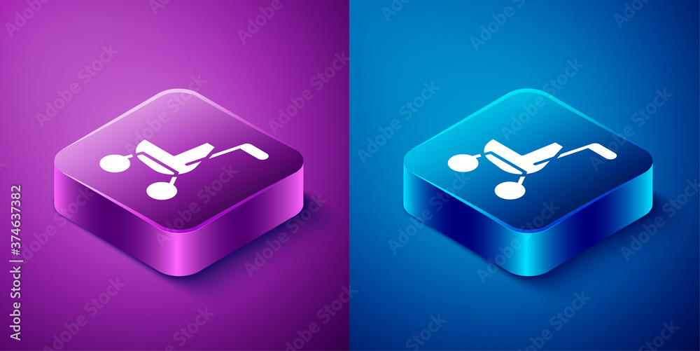 Isometric Baby stroller icon isolated on blue and purple background. Baby carriage, buggy, pram, stroller, wheel. Square button. Vector.