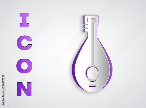 Paper cut Traditional musical instrument mandolin icon isolated on grey background. Paper art style. Vector.