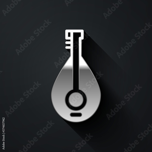 Silver Traditional musical instrument mandolin icon isolated on black background. Long shadow style. Vector.