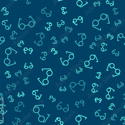 Green line Glasses icon isolated seamless pattern on blue background. Eyeglass frame symbol. Vector Illustration.