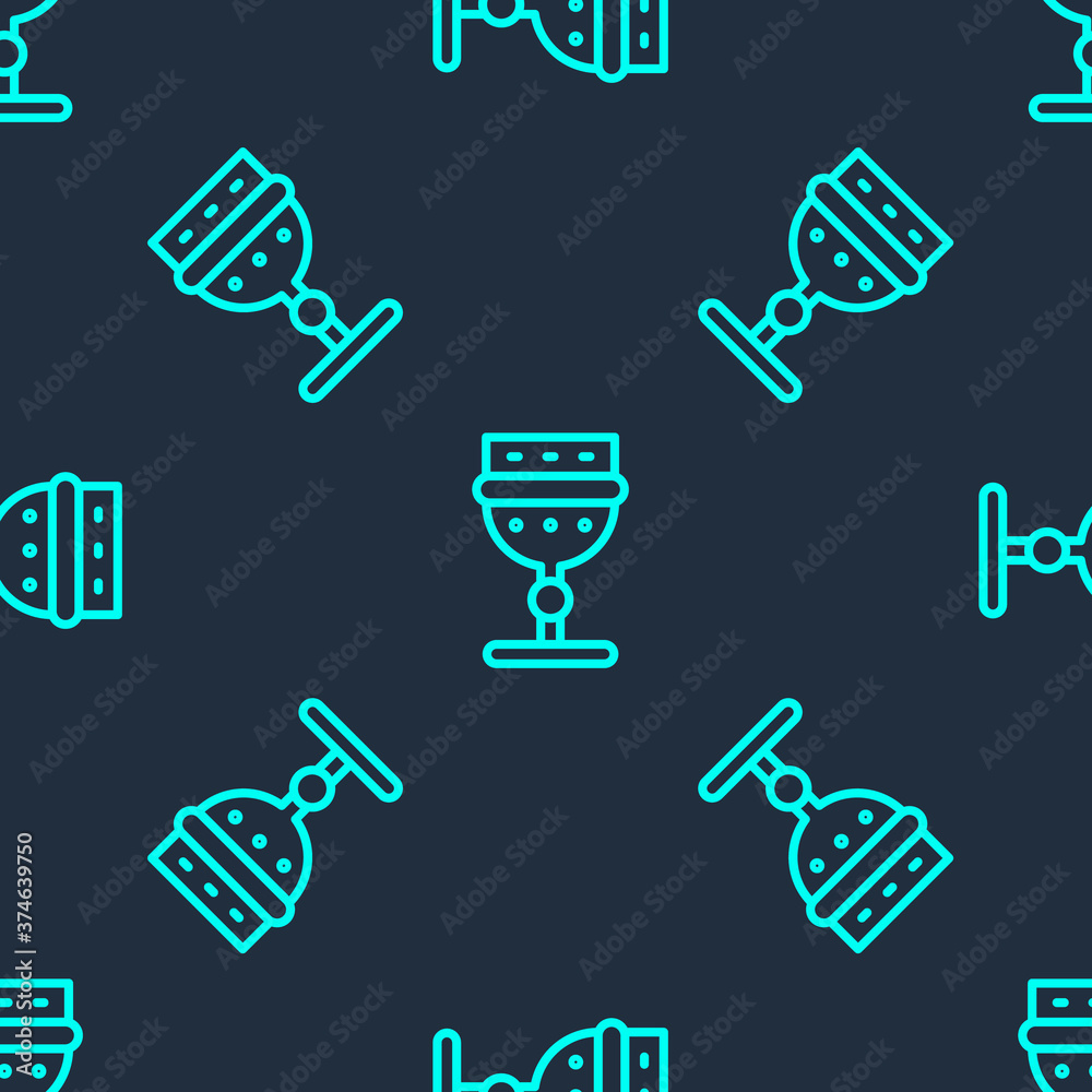 Green line Medieval goblet icon isolated seamless pattern on blue background. Vector. Green line Medieval goblet icon isolated seamless pattern on blue background. Vector.